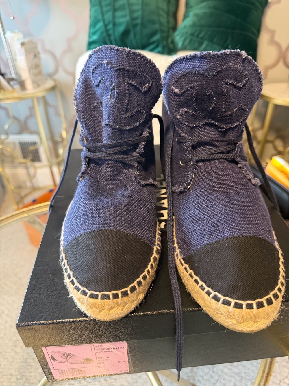 CHANEL Navy Blue Canvas Espadrille High-Top Sneakers